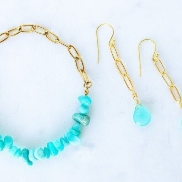 BUNDLE Aqua Chalcedony Drop Earrings & Amazonite Gemstone Bracelet Gold Chain - Picture 1 of 12